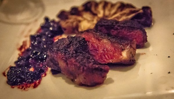 Akaushi strip steak with charred radicchio and huckleberry marmalade