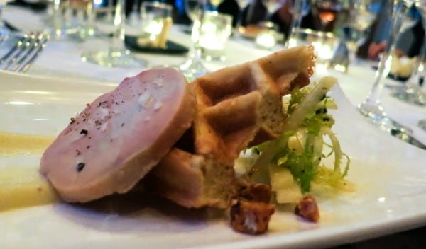 foie w five spiced waffle, pean brittle
