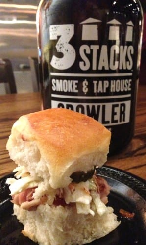 beer and a pork slider at 3 stacks bbq near dallas