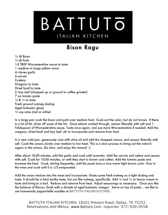 Bison Ragu recipe from Battuto Dallas