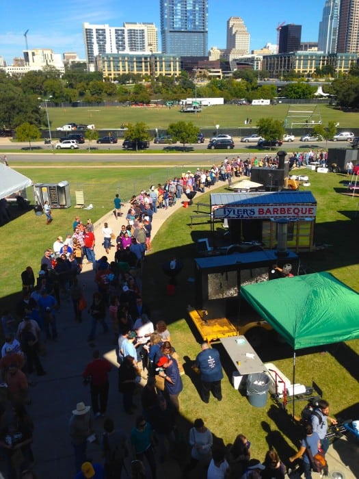 The line on the left is for Pecan Lodge; the line on the right winds to Franklin BBQ