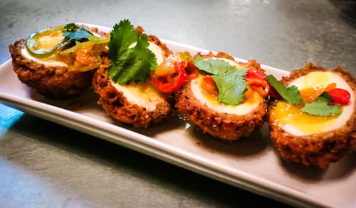 Jeff Harris also has his way with scotch eggs, rolled in chorizo then crusted with panko