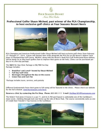 Professional Golfer Shaun Micheel to host exclusive golf clinics at Four Seasons Resort Nevis