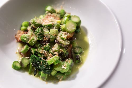 right out of Robert Lyford's garden, this asparagus was poached in a yeasty broth with potatoes and wilted greens
