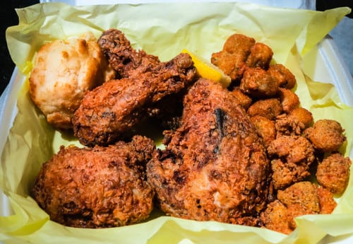 dick's succulent chicken, crawfish, biscuit and okra