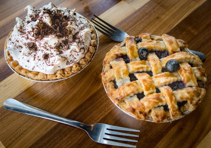chocolate and blueberry pies are homemade at liberty burger in dallas